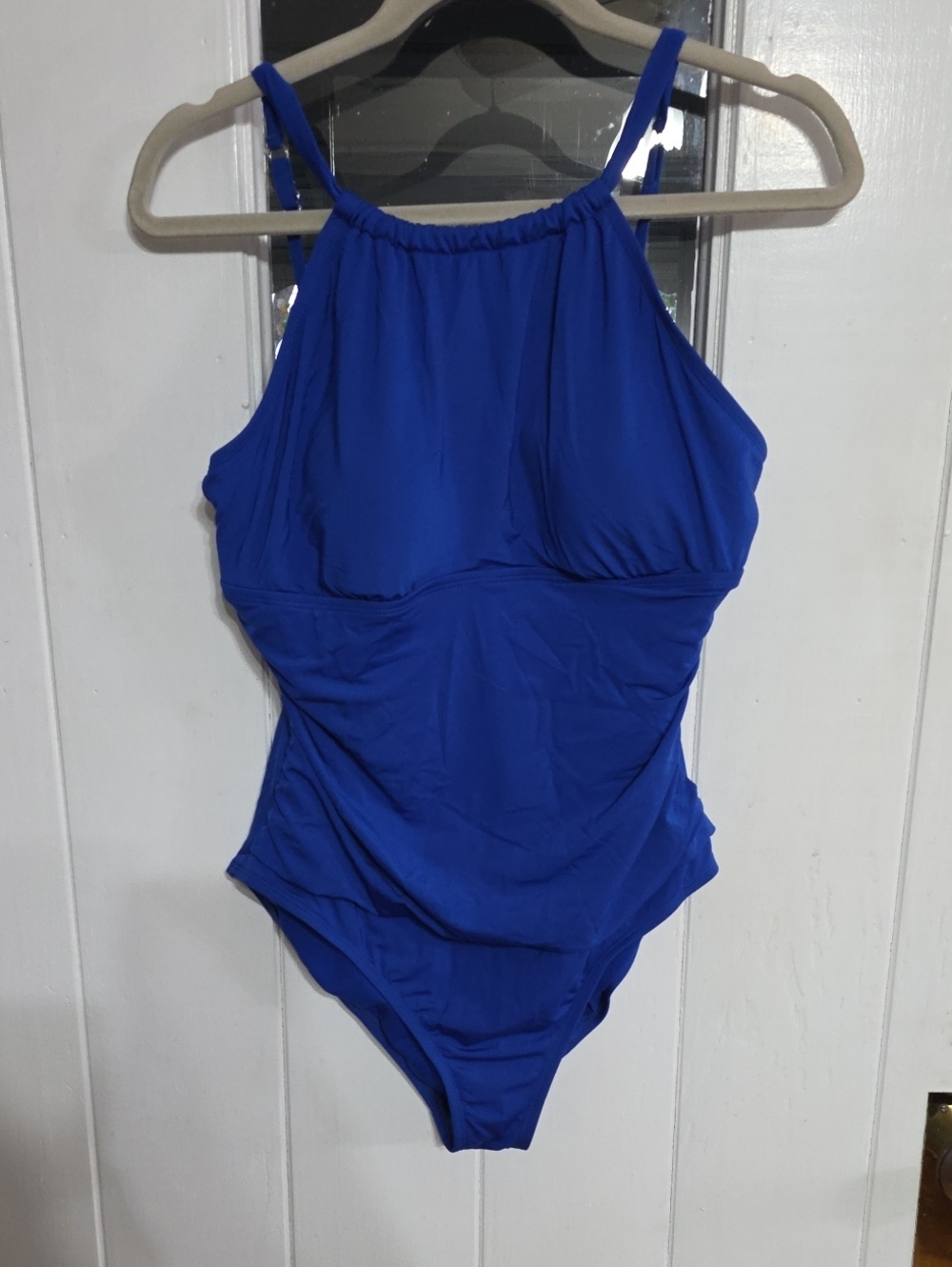 Jantzen Women's Swimsuit Royal Blue Padded Bra High Neck Ruched Sz L? GUC *READ*